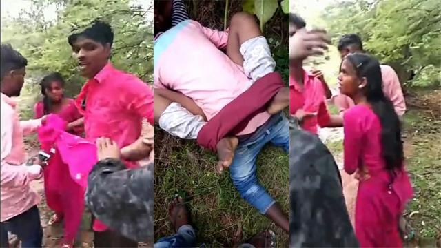 Village Lovers hiding in jungle caught by village people & fucks